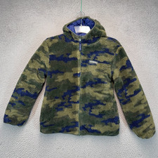 Eddie Bauer Reversible Jacket Girls Medium Green Blue Camo Softshell Fleece Hood
