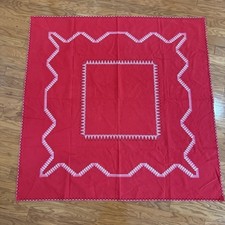 Vtg Red Embroidered Tablecloth 53  /53   6 Napkins 15  /15  , Linen Or Linen-Cotton