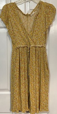 Easel Size Small Mustard Yellow Midi Dress Short Sleeve Floral Rayon Faux Wrap
