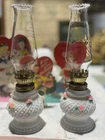 Vintage Mini Milk Glass Hobnail Oil Lamps With Roses 8.5” Set of 2 Japan