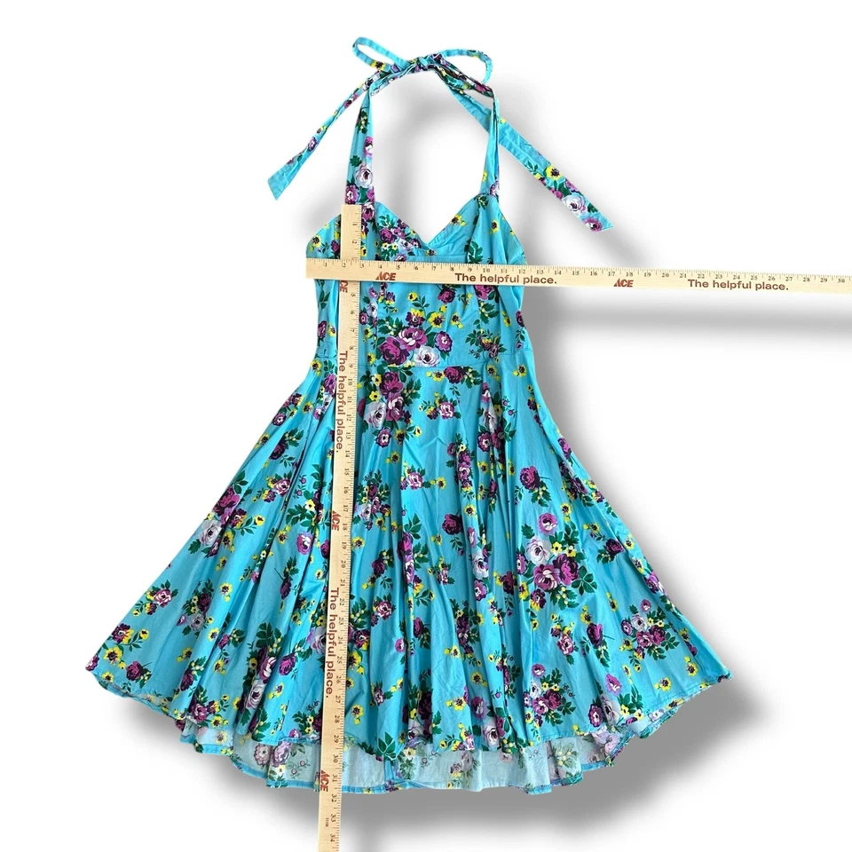Hell Bunny Vixen Retro Halter Sundress Blue Floral Rockabilly Pin Up 50s Dress L - Image 3 of 4