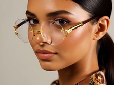 Sunglasses Women Trendy Street Wear Frameless Clear Lens Gold Fancy Style Lentes