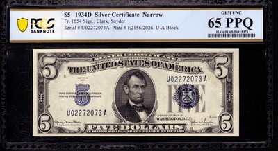 1934 D $5 SILVER CERTIFICATE NOTE FR.1654 UA BLOCK NARROW PCGS B GEM 65 PPQ