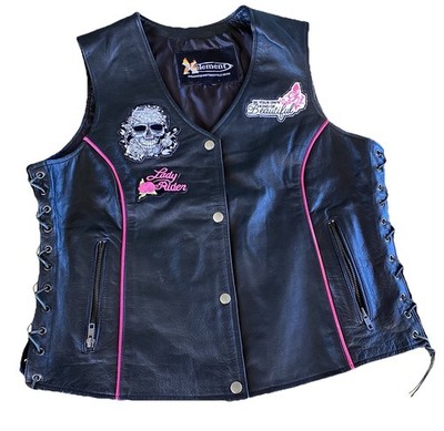 Womens XL: X-Element Black Leather Motorcycle Vest Side Lace Skull Patches Snaps