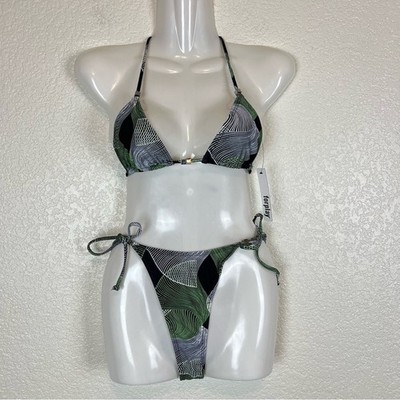 ForPlay Punta Mita String Bikini Set Black Green Wave NWT Size Large