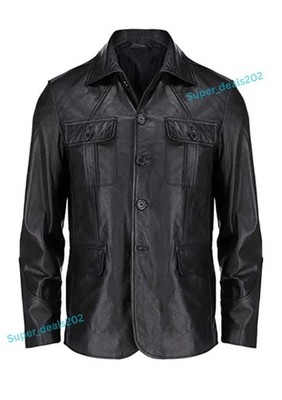 Mens Black Lambskin Leather Blazer Four Button Classic Formal Business Coat Wear