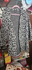 Anne Klein Gray Leopard Print Long Collared Cardigan Sweater Size S