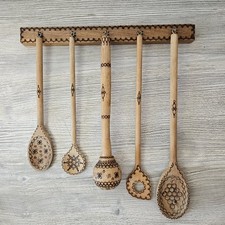 Vintage Set of 5 Pyrography Wooden Spoons Wit...