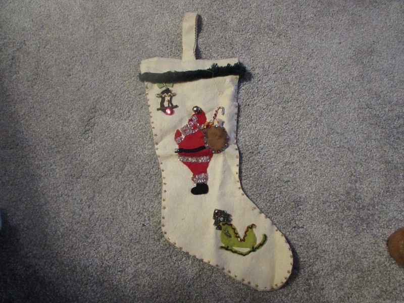 Vintage Felt Christmas Stocking With Santa and Jingle Bell