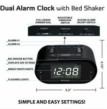RIPTUNES Dual Alarm Clock, Vibrating Bed Shaker, Loud, Flashing Lights, Dimmer