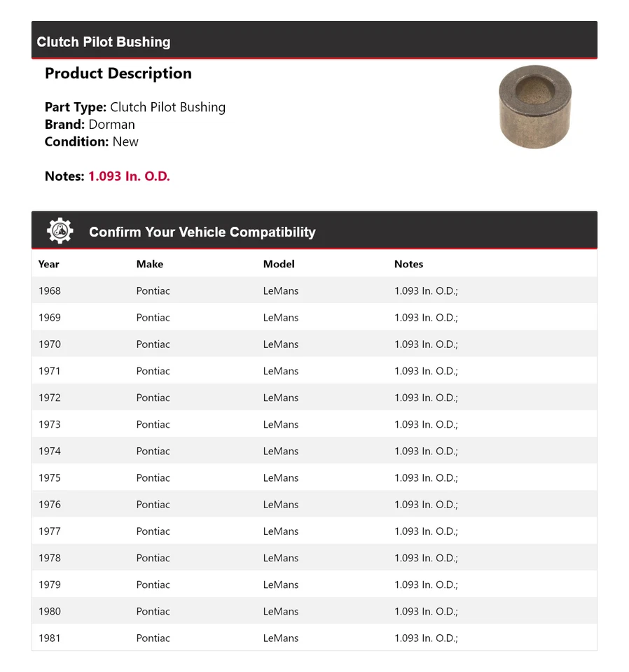 Buje piloto embrague Pontiac LeMans Dorman 1968-1981 1969 1970 1971 1972 Foto 2 de 4