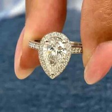 Anello di fidanzamento proposta aureola moissanite taglio pera placcato oro bianco 14 carati 3,50 TCW