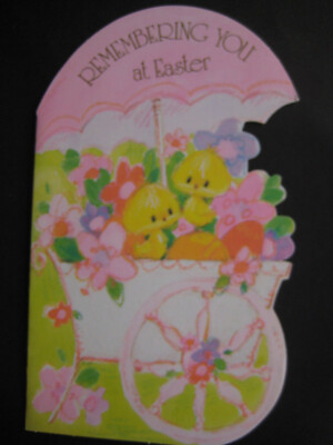 1975 vintage greeting card Laurel EASTER diecut Chicks in Flower Cart