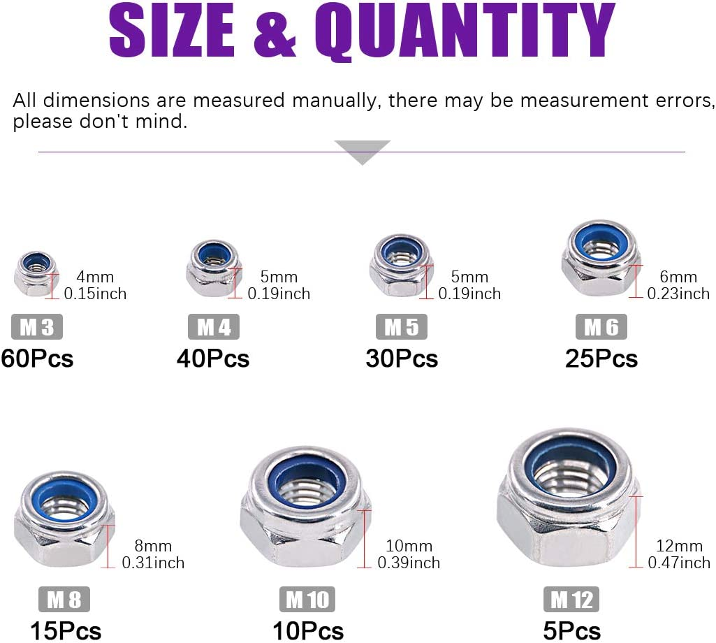 185Pcs 304 Stainless Steel Metric Lock Nut Assortment Kit Perfect Lock