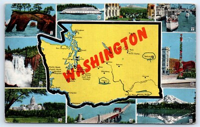 Postcard WA Washington State Map Vtg Multi View H6