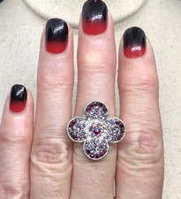 Silver Tone Purple  Clear Rhinestone Floral Fashion Ring Sz 8 T880