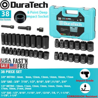 DURATECH 38PC 1/2" 3/8" Drive Deep Impact Socket Set 6 Point Metric SAE ...