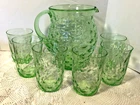 GREEN OVAL COIN PATTERN DEPRESSION GLASS PITCHER AND 6  MATCHING TUMBLERS 1930'S