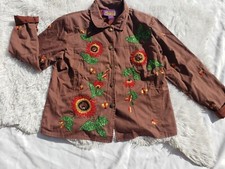 Vintage Jacket Embroidered Embellished Applique Sunflowers Floral Medium Brown