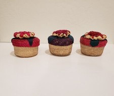 3 Miniature Hand Woven Flower Colorful Baskets With Lids