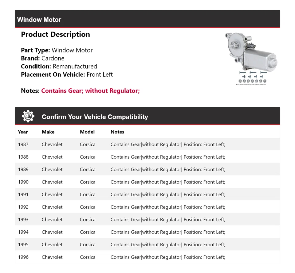 适用于 1987 - 1996 年雪佛兰科西嘉车窗电机前左 Cardone 1988 1989 1990 — 第 2/4 张图片