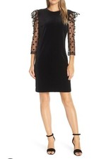 NWOT JULIA JORDAN Dot Mesh Sleeve Velvet Shift Dress In Black Size 6