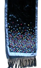 Unbranded Black Faux Velvet Embellished Fringed Scarf 84" x 18" Scarf