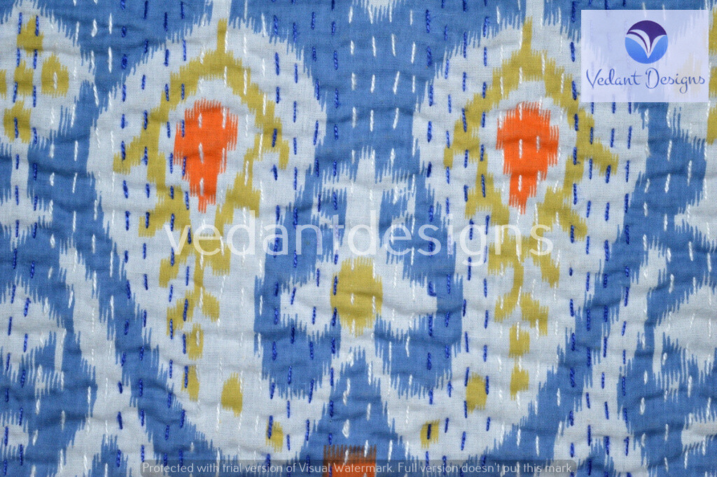 Cotton Vintage Bed Runner Ikat Blanket Queen Kantha Quilt Boho