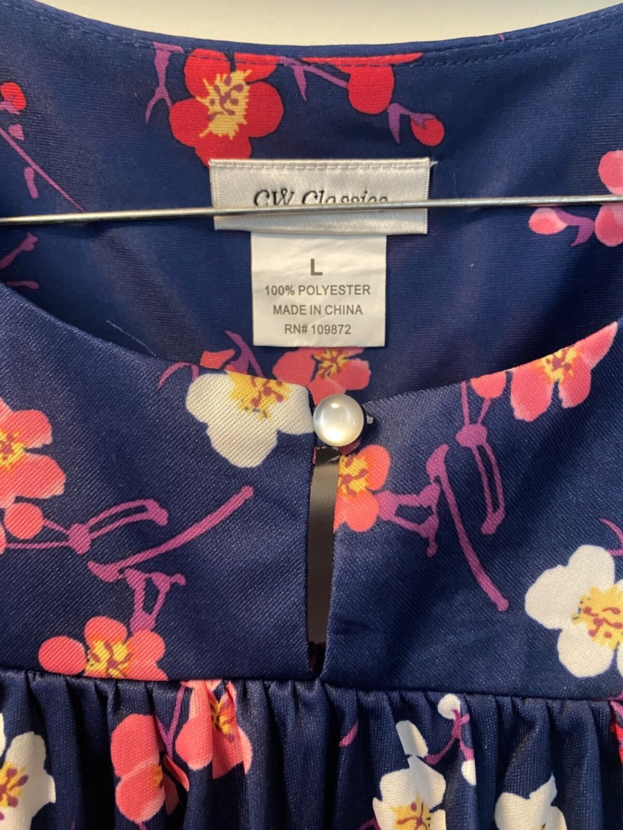 Women’s Sleeveless Tunic Navy W Pink White Flowers Pearl Buttons Comfy Home View 4