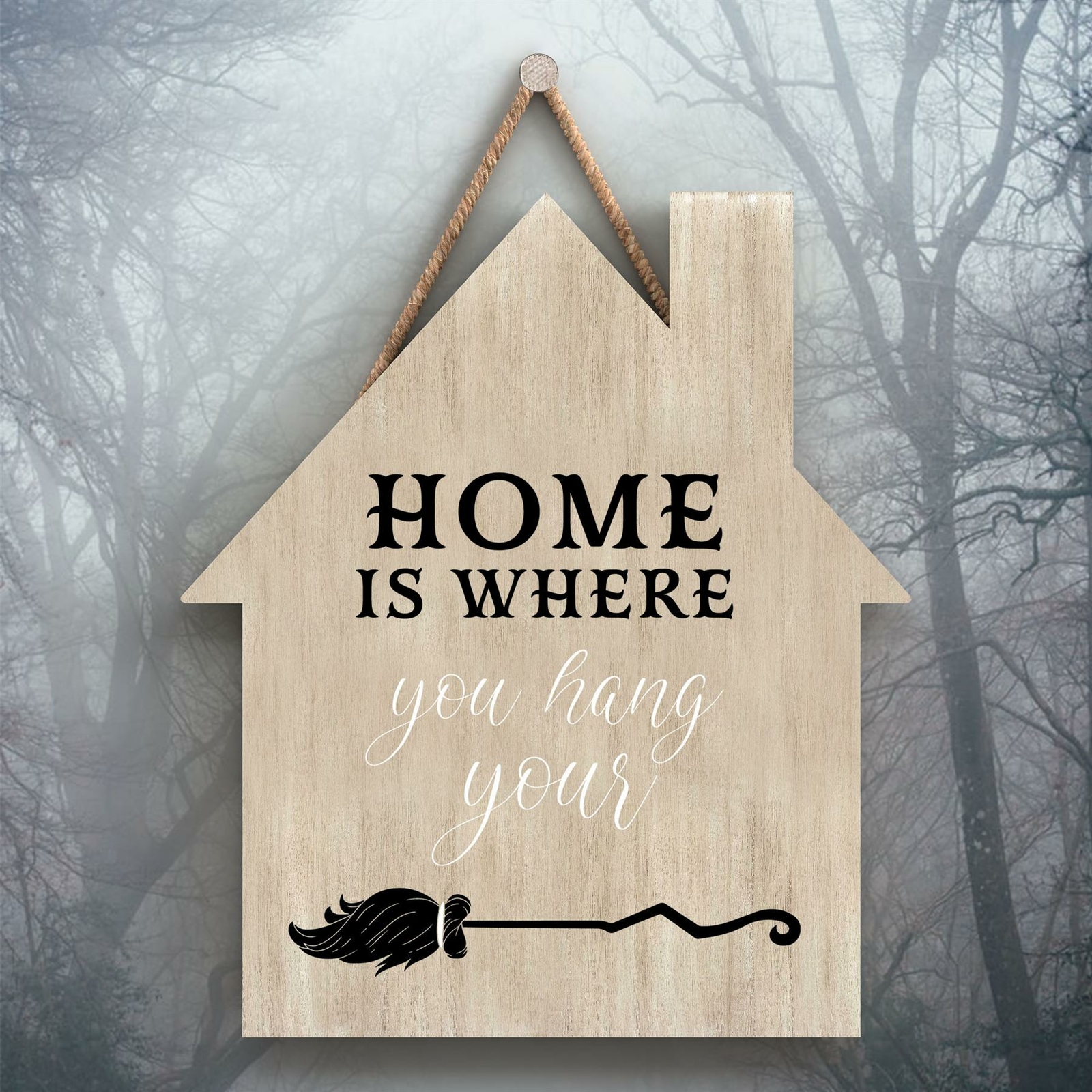 HOME HANG BROOMSTICK HOUSE SHAPED WITCHCRAFT THEMED HALLOWEEN WOODEN PLAQUE
