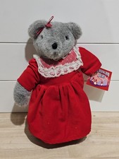 Vintage 1989 Heartline Gray Teddy Bear Plush Red Dress Stuffed Animal 13"