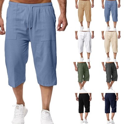 Mens Cotton Linen Cargo Shorts Elasticated Waist 3/4 Length Capri Cropped Pants