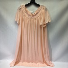 Vtg MISS ELAINE 2X Peach Embroidered Nightgown Sleepwear Nylon Knit