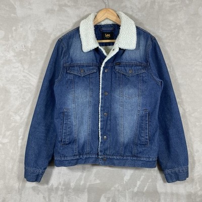 Lee Sherpa Lined Denim Trucker Jacket Mens Small Rodeo Cowboy Snap Button Dark