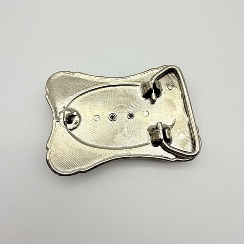 Western Silver Tone Metal Belt Buckle w/ Purple and White Polished Stone 1970's - Picture 2 of 6