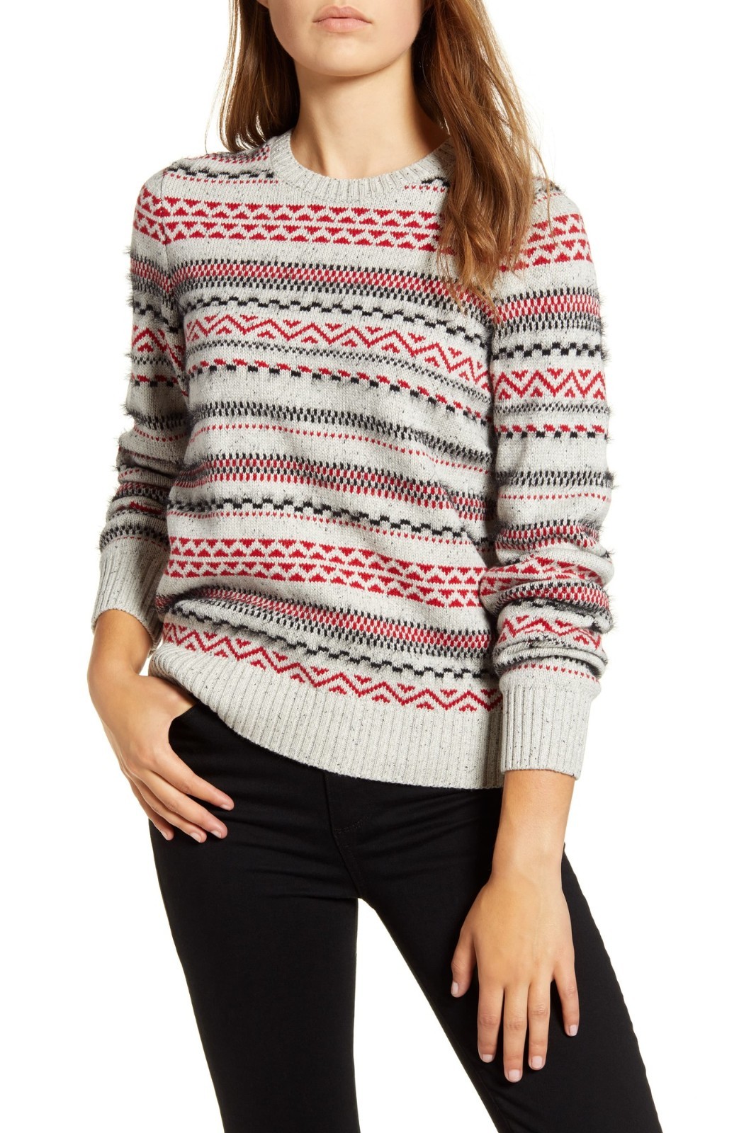 Lucky Brand Women’s Striped Fair Isle Pullover Sweater Size L Gray Crew Neck