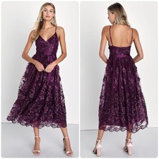 Lulu's Dress Pure Poise Dark Purple 3D Embroidered Tulle Midi Medium NWT 