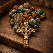 Handmade in Scotland Celtic Rosary Green Jasper Beads Cross Catholic Crucifix