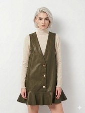Zara Olive Green Faux Leather Mini Dress Pinafore Vest Size S /New without tags 