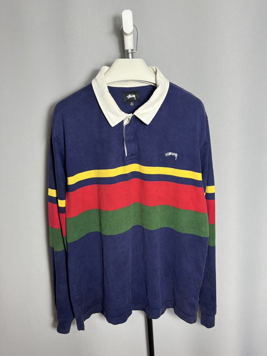 トップス 90s deadstock OLD STUSSY long polo shirt Stussy Lucas Striped polo shirt long sleeve rugby navy Sz XL | eBay