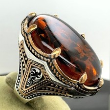 925 Sterling Silver Baltic Amber Handmade Ottoman Style Ring