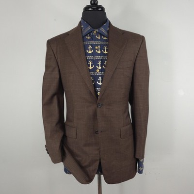 Hickey Freeman Blazer Mens 36R Brown Plaid Wool Sport Coat Surgeons Cuff Jacket