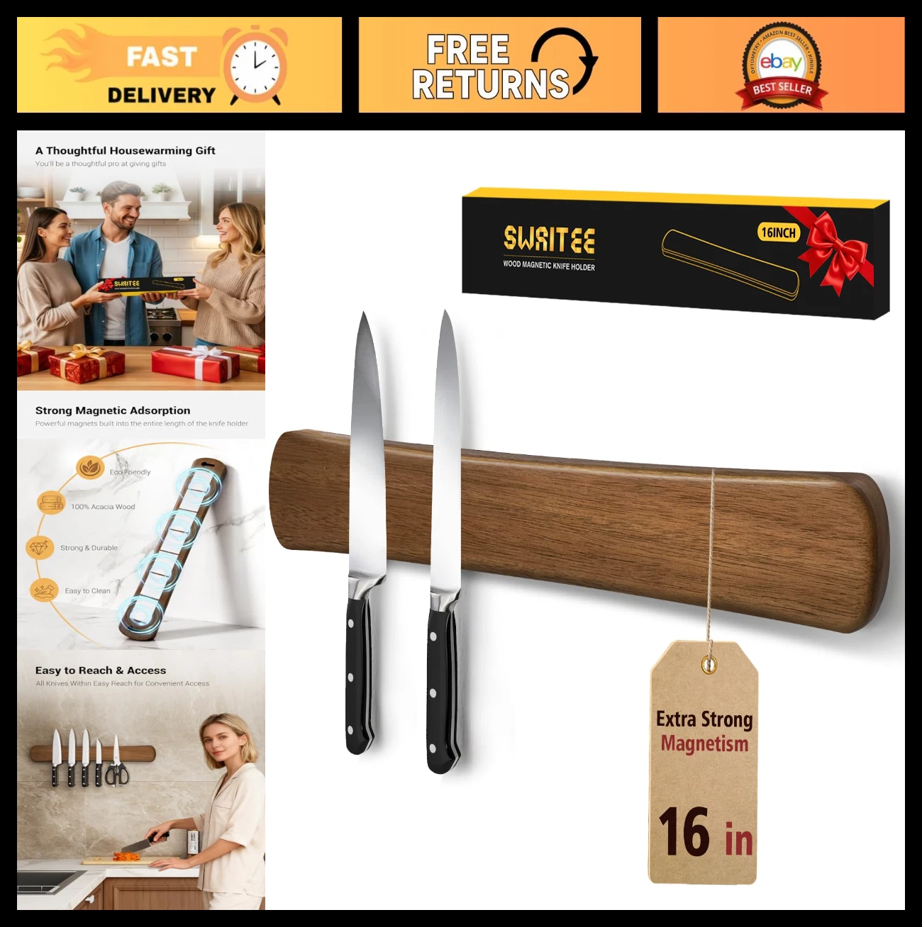 16" Magnetic Knife Holder Strip - Strong Magnet Wall Organizer for Kitchen, RV,