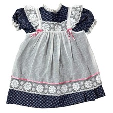 Vintage Winnie The Pooh Brand Girls Navy Pink White Lace Pinafore Dress