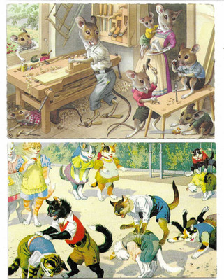 2 Comic Postkarten von Katzen & Mäusen als Menschen - Leap Frog Tischlerei