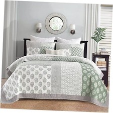 Patchwork Quilt Set Queen Size, 100 Cotton Queen 90"x98" Green Grey