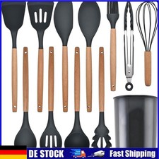12-teiliges Küchenhelfer Utensilien Set aus Holz Silikon Schwarz mit Behälter✨
