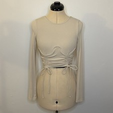 Princess Polly beige corset-style long sleeve crop top with cinch tie details, 6
