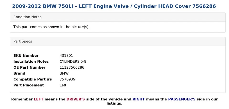 BMW 750LI 2009-2012 - Válvula del motor izquierda/cubierta de culata 7566286 Foto 4 de 4
