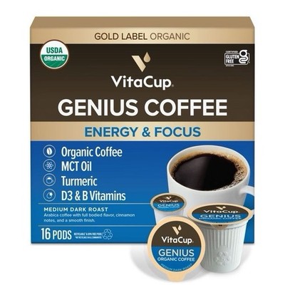 VitaCup Organic Genius Keto Coffee Pods, Increase Energy & Focus w/MCT Oil 16 Ct